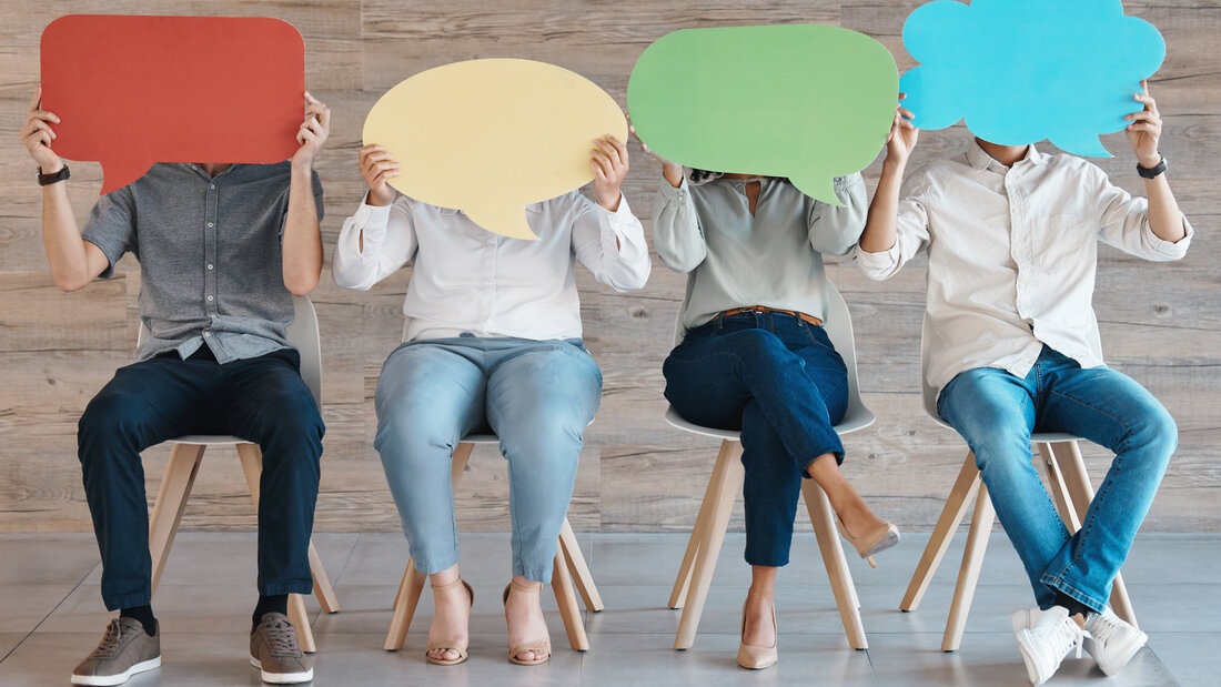 Diversity, opinion and poster with speech bubble thinking about news poll vote on review board. Team with social media mock up advertising boards of communication icon, cloud or billboard to network Diversity, opinion and poster with speech bubble thinking about news poll vote on review board. Team with social media mock up advertising boards of communication icon, cloud or billboard to network